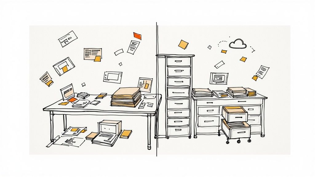 Illustration contrasting a messy physical office with an organized digital document management system.