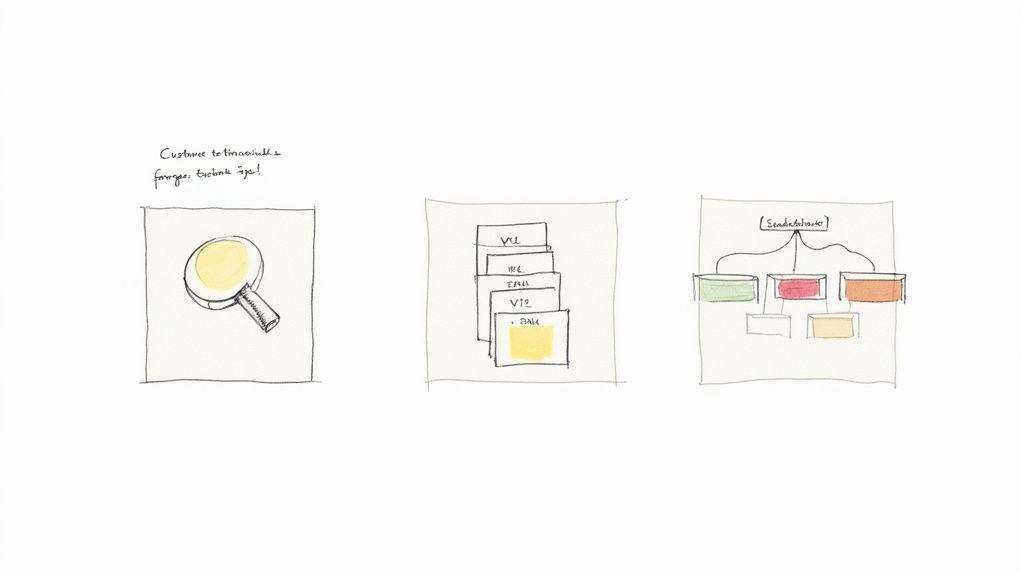 Sketched diagrams illustrating data analysis, stacked asset versions, and a system workflow.