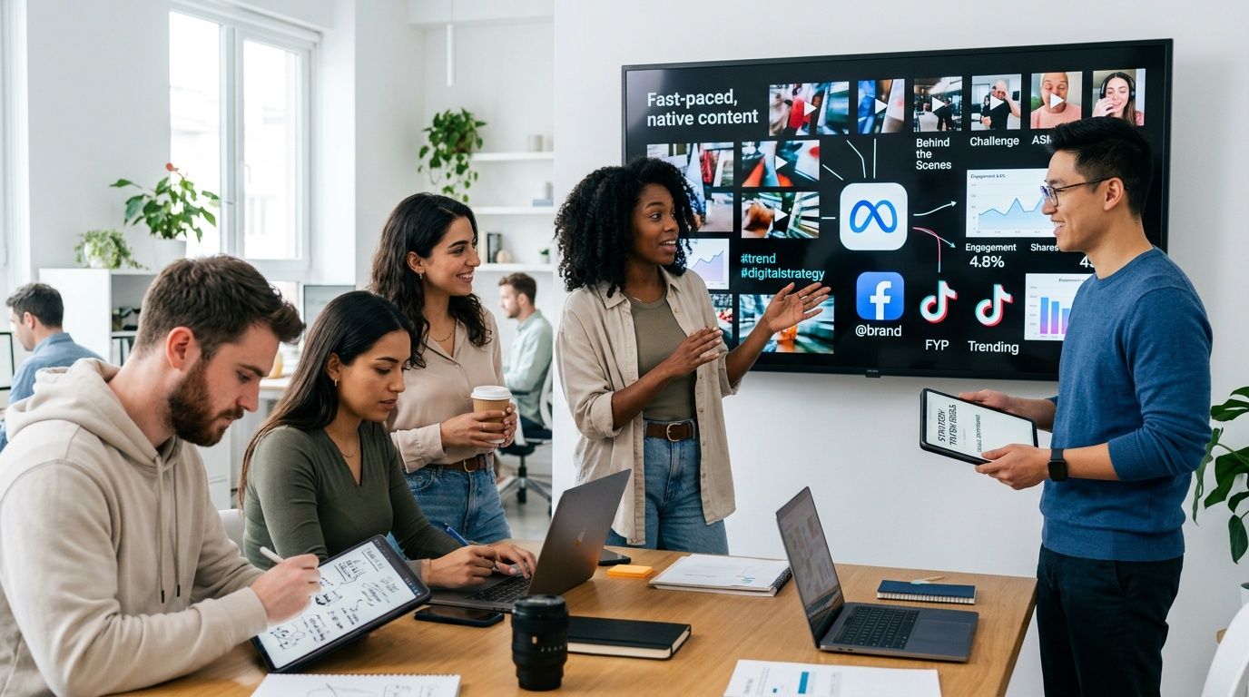 A diverse team of professionals collaborate on a digital marketing strategy in a modern office meeting room.