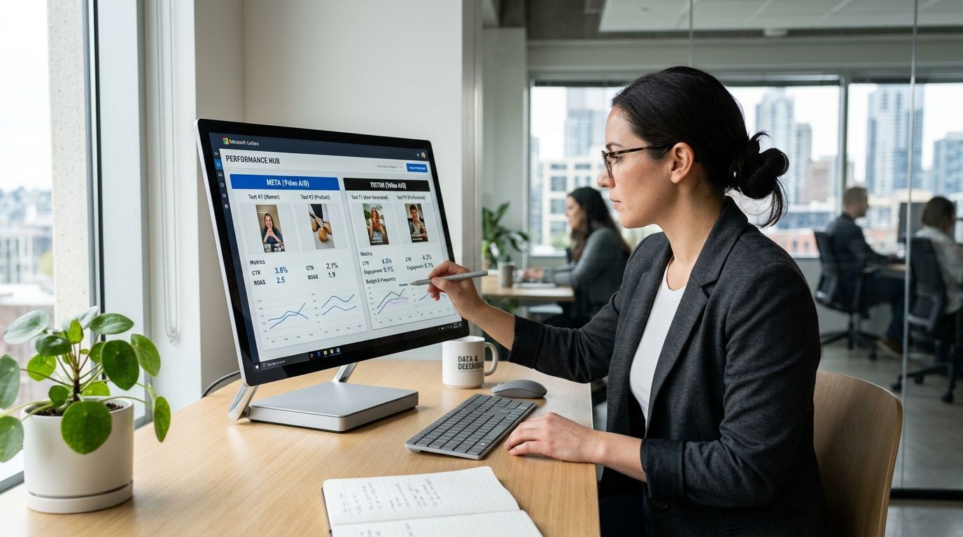 A businesswoman analyzing digital performance metrics for a video marketing campaign on a large office desktop computer.