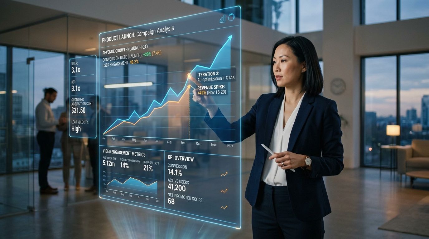 A professional businesswoman interacting with a futuristic holographic data display about product launch campaign analytics in an office.