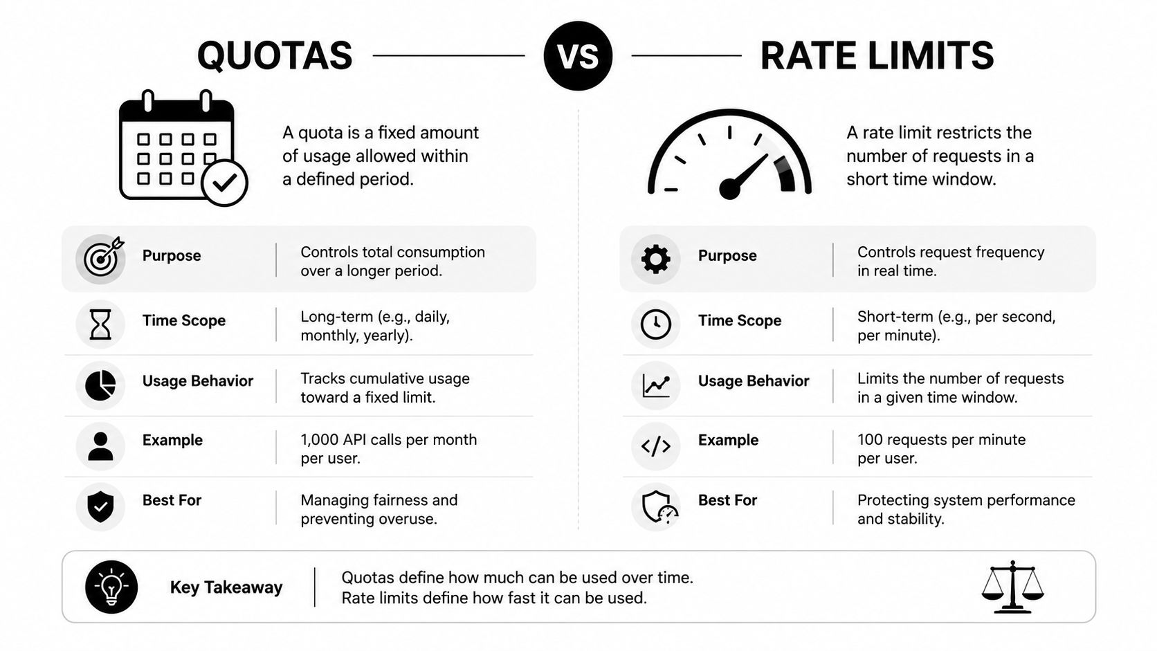 A comparison chart showing the differences between quotas and rate limits in system API management.