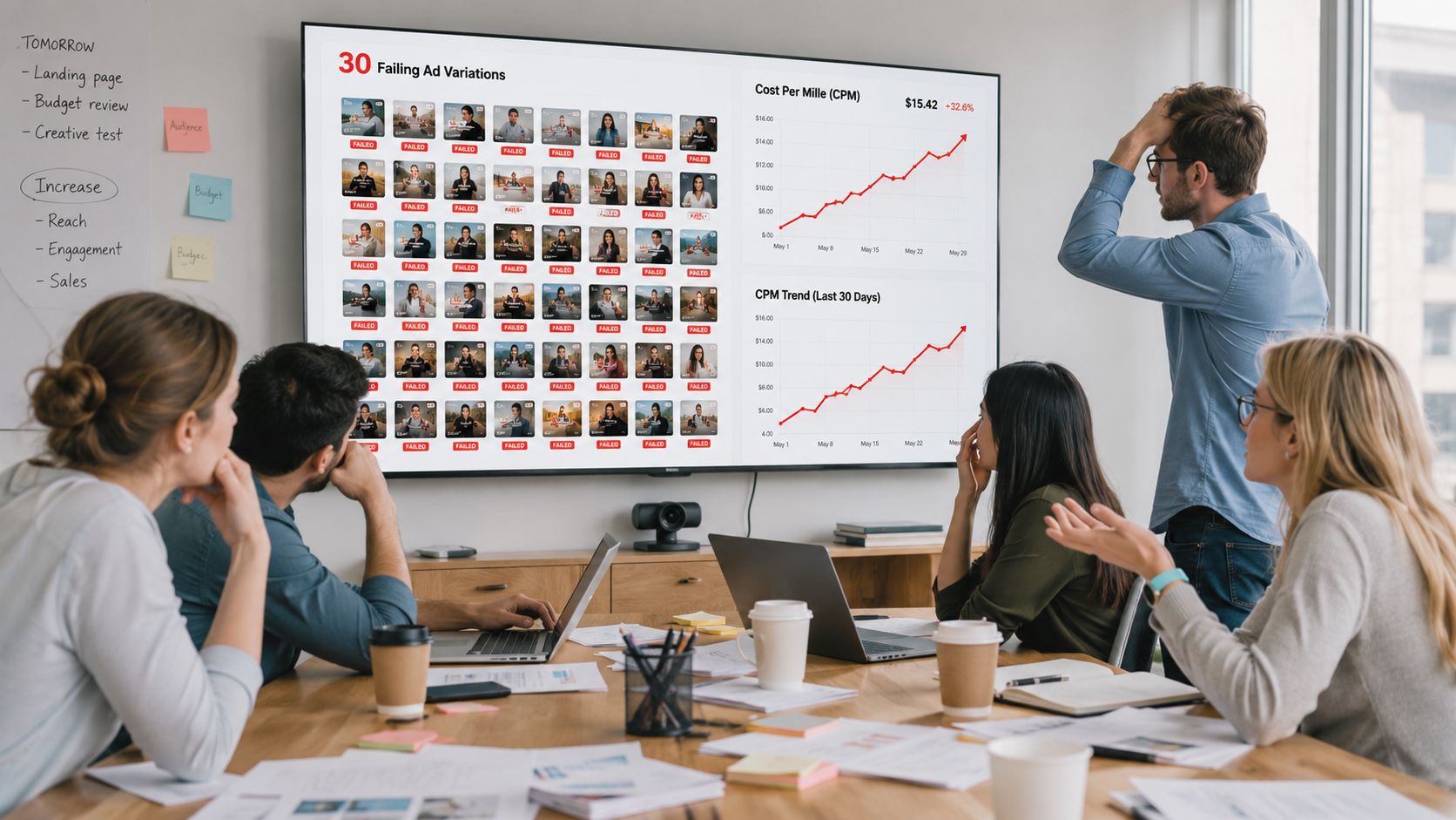A professional business team analyzing poor advertising performance metrics during a meeting in a modern office conference room.