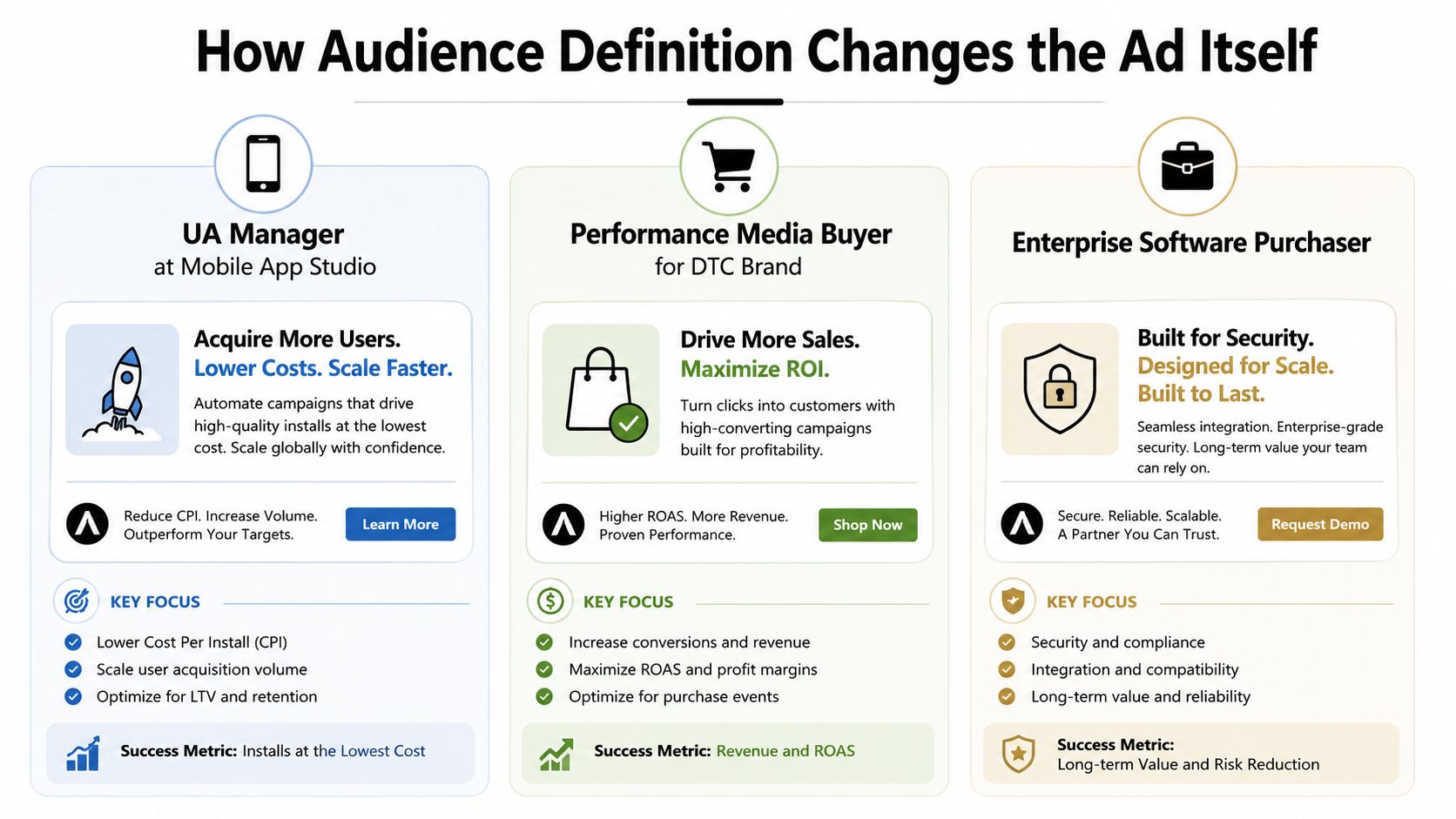A comparison chart showing how tailoring ad content for different audiences, such as UA managers or purchasers, impacts outcomes.